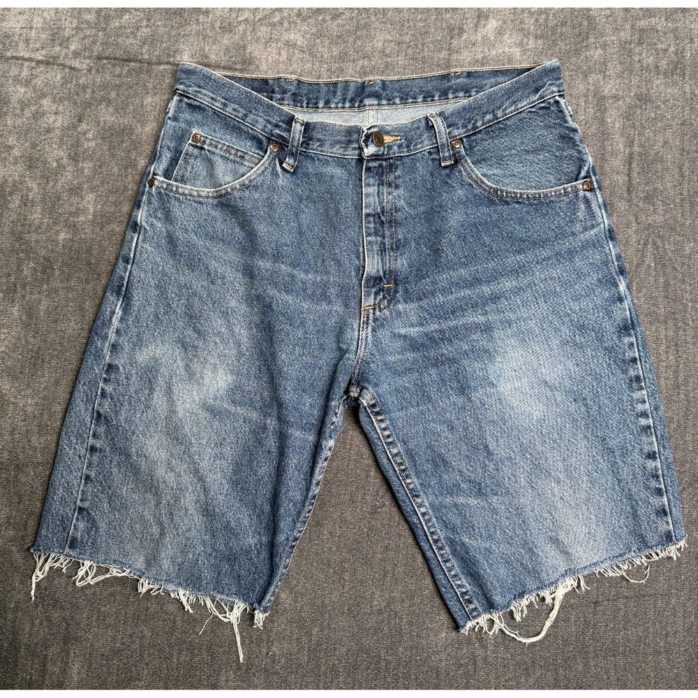 Wrangler Denim Cut Off Shorts Mens 32 Blue Frayed Hem Jean Shorts Vintage Style